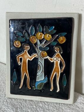 Vintage MCM Brutalist Garden of Eden Adam & Eve Tree Of Knowledge Ceramic Tile